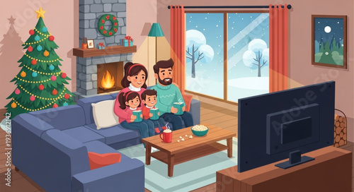 Family enjoying a cozy Christmas evening watching television together.