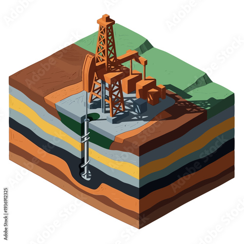 Isometric cross section of an oil drilling rig extracting resources.