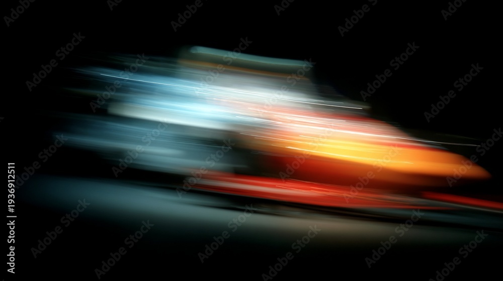 Fototapeta premium A blurred, abstract image of a fast-moving object with streaks of orange, white, and blue