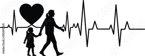 Mother and daughter silhouette walking with heart and heartbeat line symbolizing love family care health life support concept