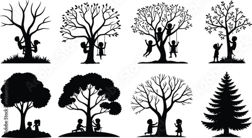 Silhouette illustration of children playing, climbing, and swinging on trees, representing outdoor fun, companionship, childhood bonding, and nature-inspired lifestyle design for storytelling