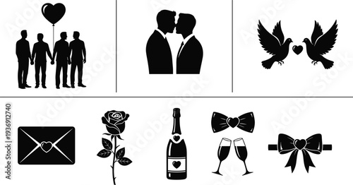 Valentines day romantic silhouette icon set with couple kiss hearts doves rose champagne love letter wedding symbols collectionValentines day romantic 