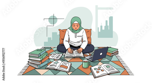Young Muslim woman in hijab studying and working on her laptop surrounded by books and notes, modern lifestyle concept