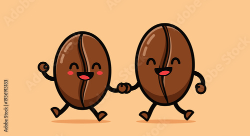 Cartoon Coffee Beans Holding Hands Together.