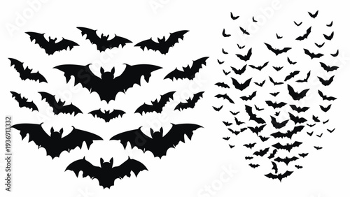 Flock of bats flying in different directions and formations