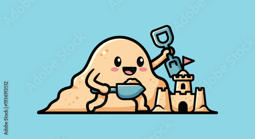Cartoon Sand Character Building Castle Structure.