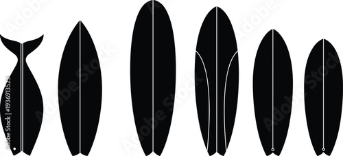 Surfboard silhouette set with different surfing board shapes including longboard shortboard fishboard water sport vector illustration collection design