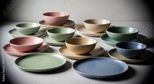 Assorted pastel bowls atop plates on white surface, moody lighting