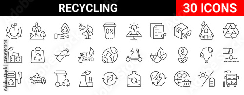 Modern recycling and sustainability line icons set designed for waste management, environmental protection and green energy concepts. Environmental campaigns, sustainability reports.