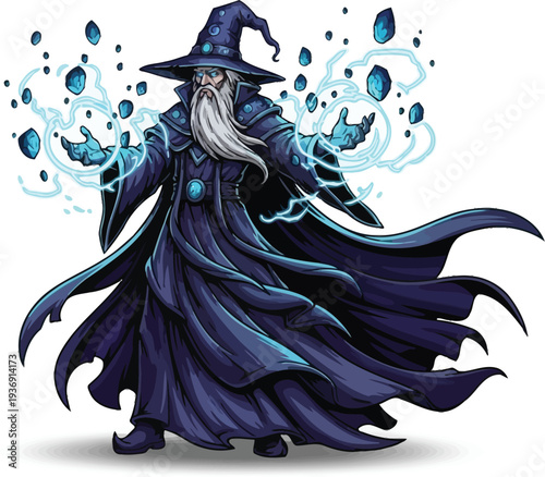 A powerful wizard with a long white beard and blue robe is casting a magical spell with glowing blue lights.