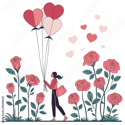 Woman holding heart shaped balloons among roses heart balloons