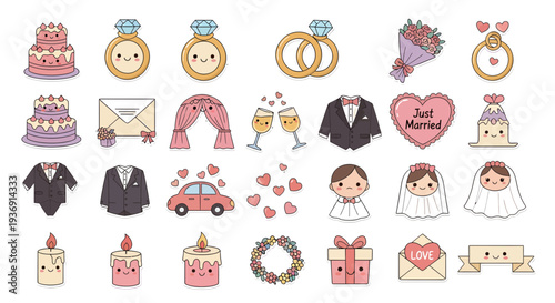 Kawaii Wedding Celebration Sticker Set, Cute Bridal Clipart with Bride, Groom, Rings, Cake, and Romance Elements on White Background