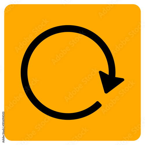Black refresh arrow icon on yellow rounded square background, reload or rotate symbol for interface, update, and repeat, flat vector style