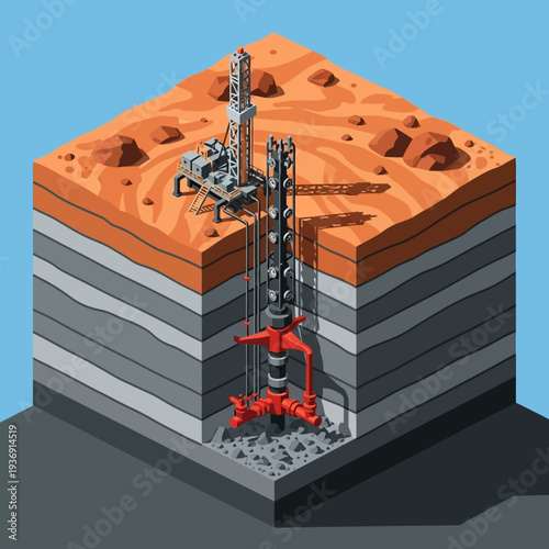 Isometric illustration of a drilling rig extracting resources from underground layers.
