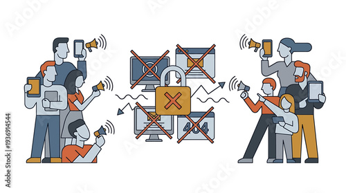 Animated Scene of Activists Rallying With Megaphones And Messages. Vector Illustrations. EPS Editable