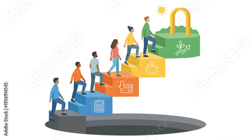 Ascending Steps to Security and Teamwork. Vector Illustrations. EPS Editable