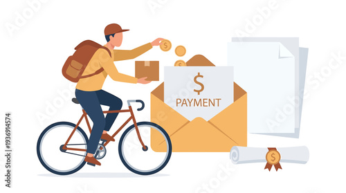 Bike Messenger Delivers Mail and Collects Payment Illustration. Vector Illustrations. EPS Editable