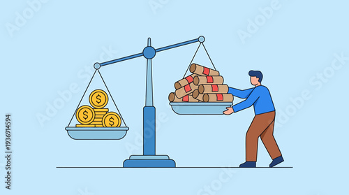 Business Balance Scale Illustrating Coins and Bricks in Economic Assessment. Vector Illustrations. EPS Editable