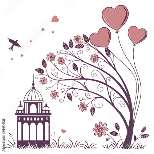 Romantic floral arch with heart balloons and gazebo