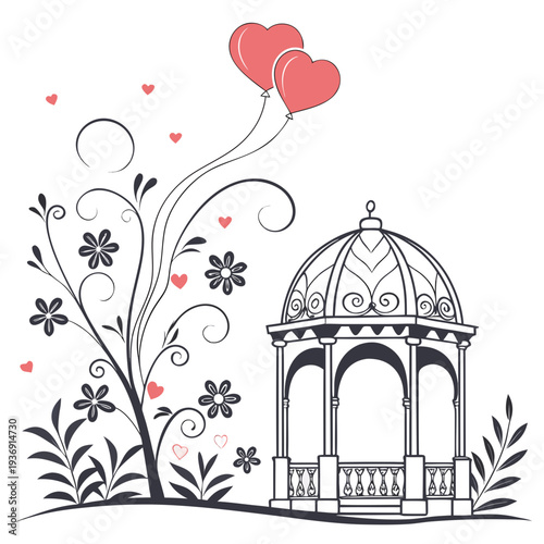 Romantic floral arch with heart balloons gazebo