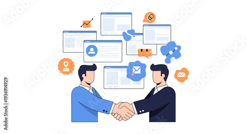 Collaborative Business Handshake and Digital Networking Illustration. Vector Illustrations. EPS Editable