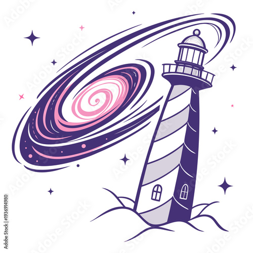 Purple lighthouse with pink nebula and stars galaxy
