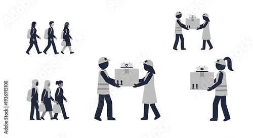 Collaborative Teamwork and Exchange Scenes Featuring Diverse Workers in Silhouette. Vector Illustrations. EPS Editable