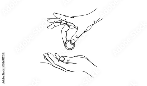 Continuous line drawing of hand dropping coin into open palm symbolizing charity donation giving and payment concept