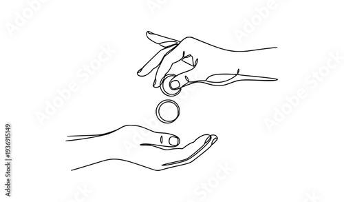 Minimal continuous line drawing of hands exchanging coin representing donation payment charity and financial support