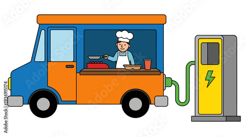 Colorful food truck chef at electric charging station scene. Vector Illustrations. EPS Editable