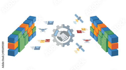 Colorful modular blocks and gear symbolizing automated supply chain. Vector Illustrations. EPS Editable