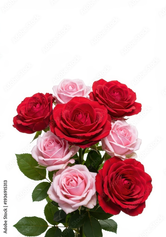Fototapeta premium Vibrant red and pink roses clustered together, isolated against a bright, pure white studio background, emphasizing floral beauty and delicate petals, pink, clean, vibrant