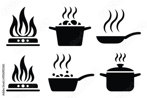Six black icons showing cooking pots and pans on gas stoves with steam, including frying pan, saucepan, and boiling pot symbols