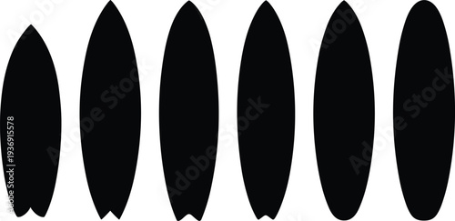 Surfboard silhouette collection, different surf board shapes set, surfing equipment design icons, minimal water sport illustration isolated background