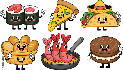 Playful cartoon food characters with smiling faces and peace signs, featuring sushi, pizza, taco, bread basket, shrimp, and cookie in whimsical international style