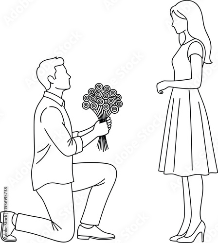 Romantic marriage proposal line art illustration with man kneeling offering flower bouquet to woman love relationship concept