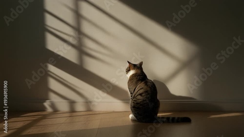 A contemplative cat perched on a wooden floor, gazing through a sunlight window in a quiet room, captured as a serene photograph from a side view
