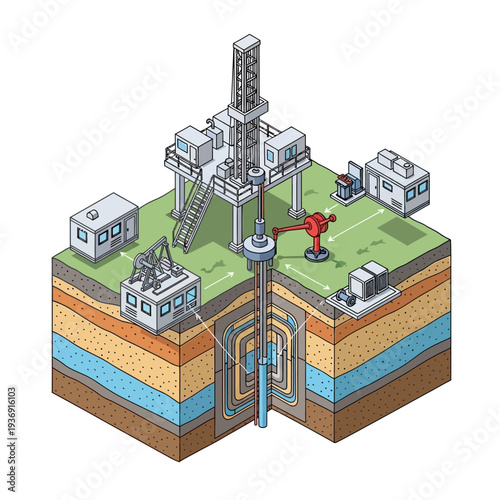 Isometric illustration of a geothermal power plant drilling into the earths crust.
