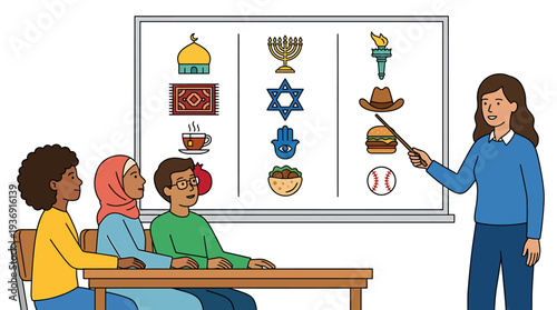 Engaged Students Learn With Symbols On Board In Classroom. Vector Illustrations. EPS Editable