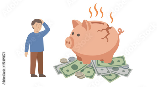 Concerned man observes piggy bank surrounded by cash and rising heat. Vector Illustrations. EPS Editable