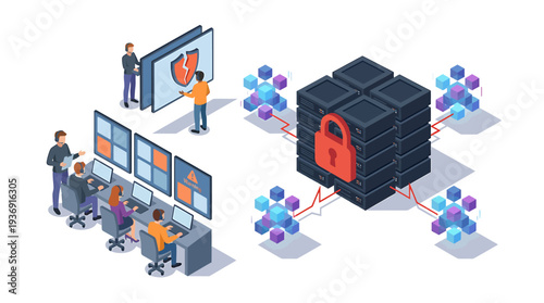 Cybersecurity Team Monitoring Secure Network Data Center Visualization. Vector Illustrations. EPS Editable