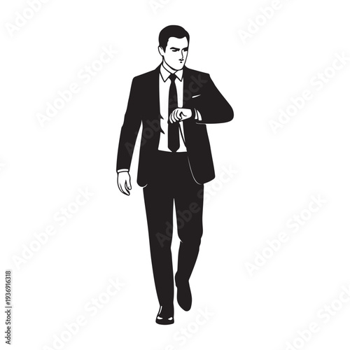 Time Conscious Business man: A sharply dressed businessman strides purposefully, his gaze fixed on his watch, epitomizing the essence of time management and professional efficiency. 