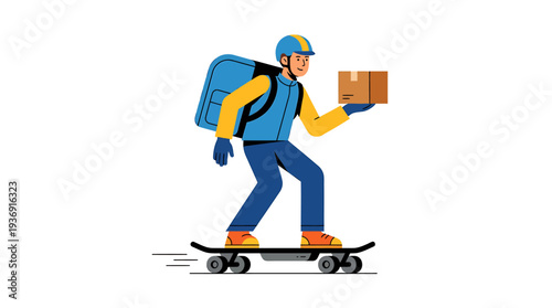 Delivery On A Skateboard Urban Package Carrier. Vector Illustrations. EPS Editable