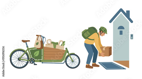 Delivery rider loads groceries onto a cart beside a house. Vector Illustrations. EPS Editable
