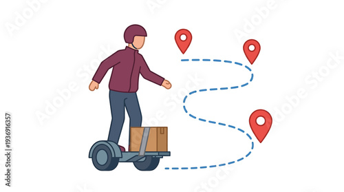 Delivery Rider On Scooter With Package And Route Pins. Vector Illustrations. EPS Editable
