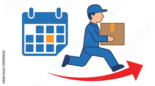 Delivery Person Running with Parcel and Calendar Icon. Vector Illustrations. EPS Editable