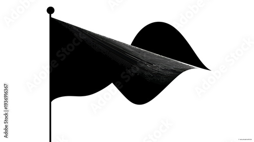 A black flag waves in the wind, attached to a pole. It is set against a white backdrop