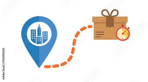 Delivery Route From Location Pin to Package Clock. Vector Illustrations. EPS Editable