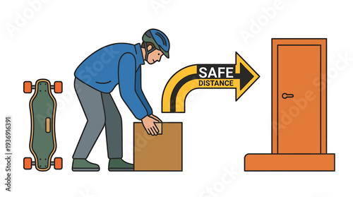 Delivery Worker Maintains Safe Distance While Moving Package. Vector Illustrations. EPS Editable