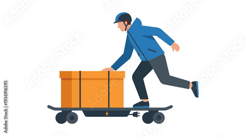 Delivery Worker Pushing Cargo Cart with Large Orange Box. Vector Illustrations. EPS Editable